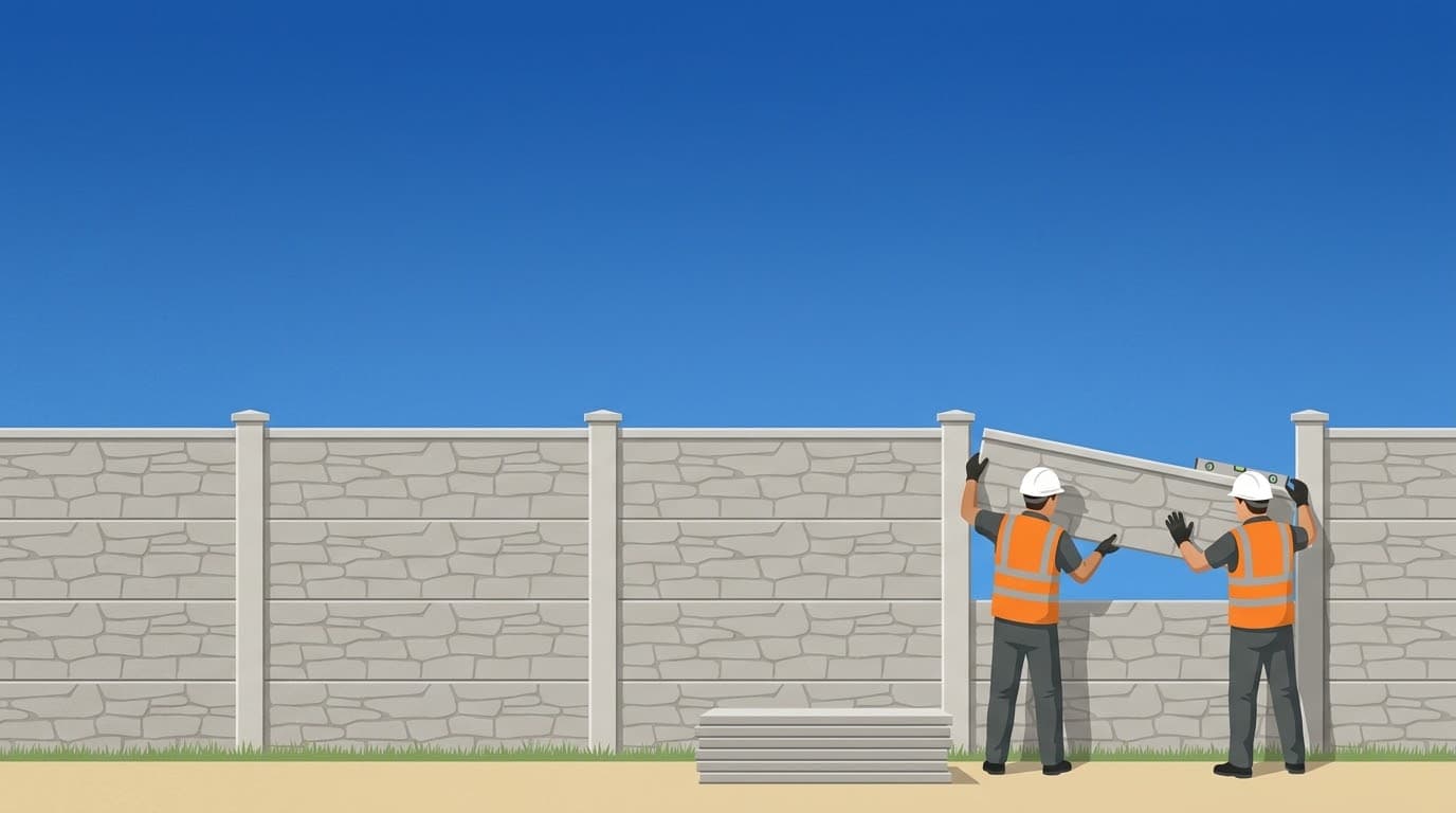 Két munkás betonkerítést épít egy tiszta, kék ég alatt